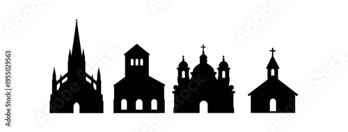 Four black church silhouettes with different steeple, tower, and dome profiles. religious architecture