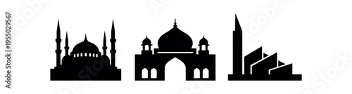 Three black silhouettes showing mosque domes and minarets alongside a modern angular building.