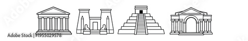 Four black line outline icons depicting a classical temple, an egyptian style temple, a stepped pyramid and an arched rotunda.