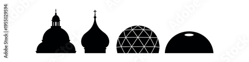 Four black dome silhouettes with distinct architectural profiles including cupola, onion, geodesic and hemispherical forms.