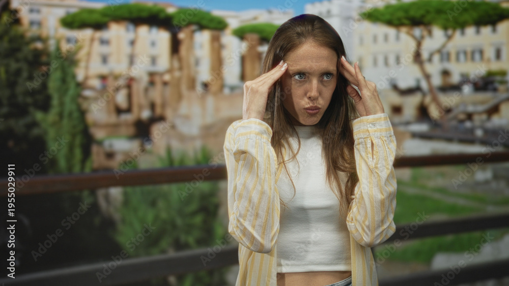Fototapeta premium Woman touching temples with hands and mouth open at building among roman ruins outdoors; surprise wonder travel.