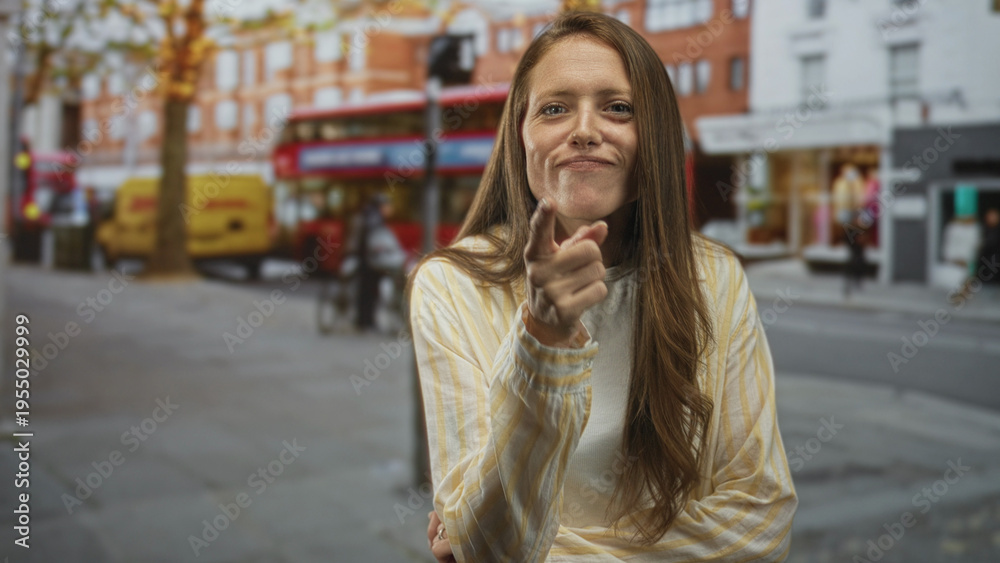 Obraz premium Woman points finger at camera on a busy city street with red double decker bus and delivery van visible; direct confidence.
