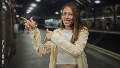 Foto Woman pointing fingers and smiling on a crowded platform inside a train station building while wearing a striped shirt and white crop top; joyful spontaneity