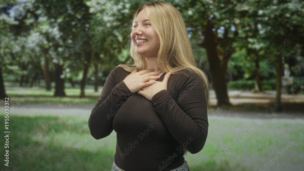 Obraz premium Woman laughing with fists raised in park, long blonde hair, beaming face and casual long sleeve top while cheering and pumping arms in spontaneous motion; joy celebration triumph.