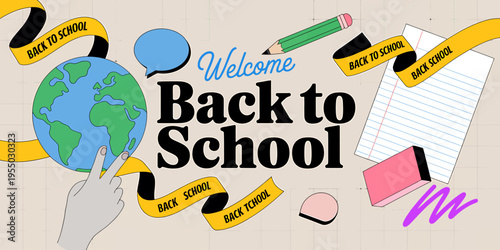 Welcome Back to School Illustration with Educational Icons and Globe