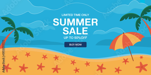 Summer sale advertisement with beach scene