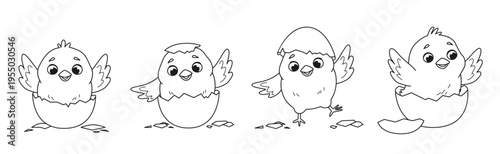 Collection of a cute little chicks just hatched from its eggshell - coloring book elements. Vector illustration isolated on a white background