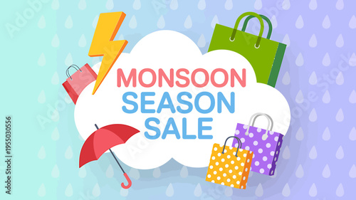 Monsoon season sale shopping advertisement with umbrella and bags