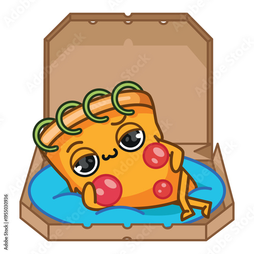 Cute pizza character, lying in a cardboard box, pizza man, modern mascot for pizzeria and delivery, colourful vector isolated