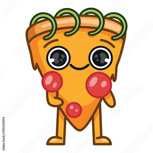Cute pizza character, smiley pizza man, modern mascot for pizzeria and delivery, colourful vector isolated