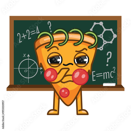 Thinking pizza character, standing in front of a blackboard, equations written with chalk, pizza man, modern mascot, colourful vector isolated
