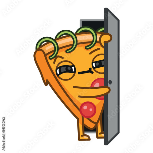 Cute pizza character, suspicious pizza man, peeking through door, modern mascot, colourful vector isolated