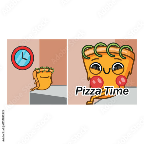 Cute pizza character, sitting near clock, pizza man waiting for lunch, modern mascot for pizzeria and delivery, colourful vector isolated
