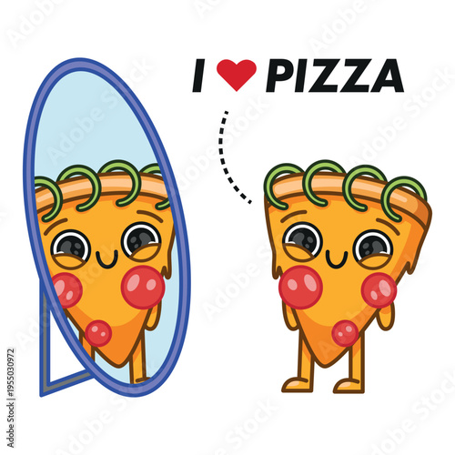 Cute pizza character, standing in front of the mirror, self-love, acceptance, modern mascot, colourful vector isolated