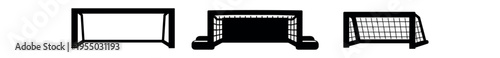 Three solid black silhouette goal shapes showing different net and frame styles in a row.