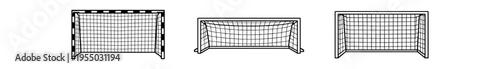 Three detailed soccer goal frames with visible net meshes illustrated as clean outline icons.