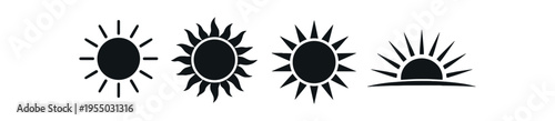 A row of four solid black sun symbols including different ray shapes and a half sun sunrise over a horizon.