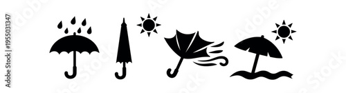 Black umbrella icons showing a raining umbrella, a closed umbrella, a windblown umbrella, and a beach umbrella with sun and waves.