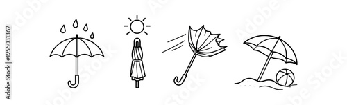 A row of four black outline umbrella icons including a raining umbrella, a closed umbrella, a windblown umbrella, and a beach umbrella with a ball.