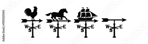 Four black silhouette weathervanes showing a rooster, a galloping horse, a sailing ship, and a plain arrow indicator.