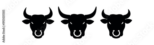 Three black bull head icons side by side showing a horned bovine face with a nose ring in simple silhouettes.
