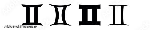 Four black stylized gemini zodiac symbols shown in different simple graphic styles on white.