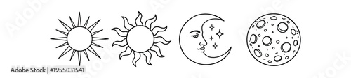Four detailed black outline icons showing two sun styles, a crescent moon with face and stars, and a cratered moon.