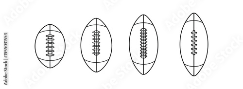 Four black outline rugby and football balls in a row showing different oval shapes and lace patterns.