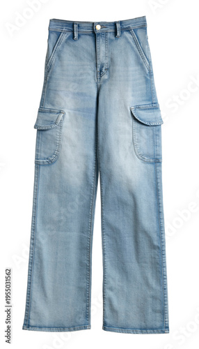 Fotografie Light Blue Denim Cargo Pants with Pockets Isolated on  White Background