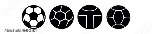 Four solid black circular soccer ball icons with different pentagon and panel pattern styles.