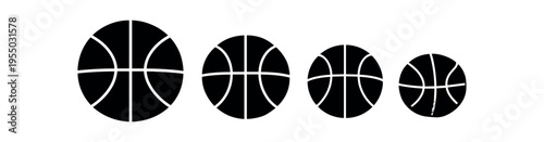 Four black basketball icons of decreasing sizes showing characteristic curved panels and spacing.