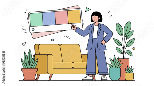 Female Interior Designer Pointing at Color Palette with Sofa and Houseplants Vector Illustration