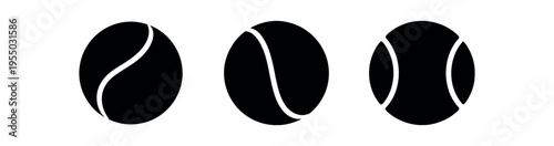 Three black tennis ball silhouette icons with varied seam shapes and solid fills.