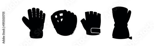 Four solid black glove silhouettes in different styles including a mitt, fingerless glove and mitten.