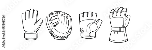 Four outlined sport gloves including a baseball catchers mitt, fingerless glove and insulated winter glove.