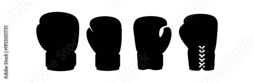 Four black boxing gloves in silhouette showing different angles and lace detail.