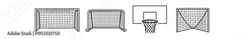 A row of sports goals and a basketball hoop rendered as simple black outline icons with nets and frames.