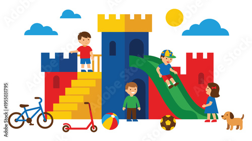 Children play in colorful castle playground with toys and dog