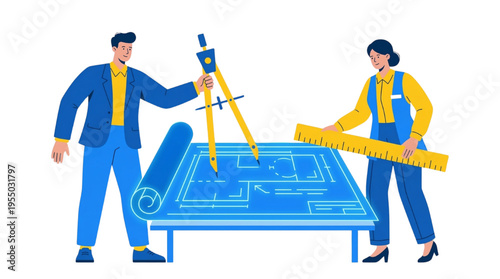 Architect and Engineer Team Working on Blueprint Plan with Ruler and Compass Vector Illustration