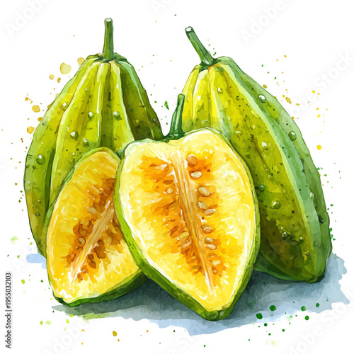 Starfruit, watercolor with intricate brush textures and gentle highlights, isolated on a white background.