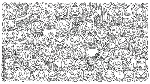 Numerous halloween pumpkins with carved faces, witches hats and brooms