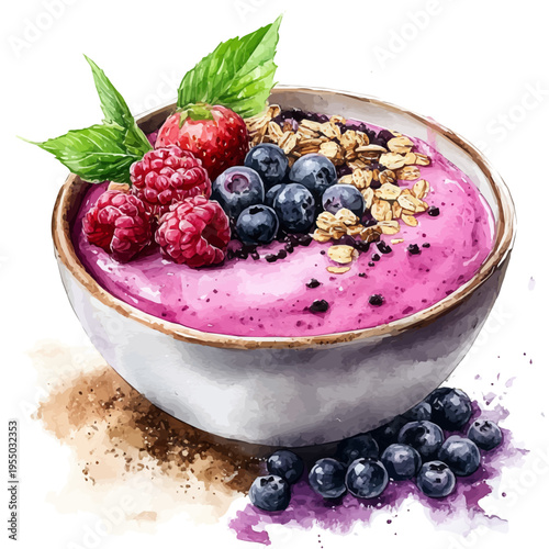 Smoothie Bowl, refined watercolor illustration with luminous tones and soft layered brushwork, isolated on a white background.