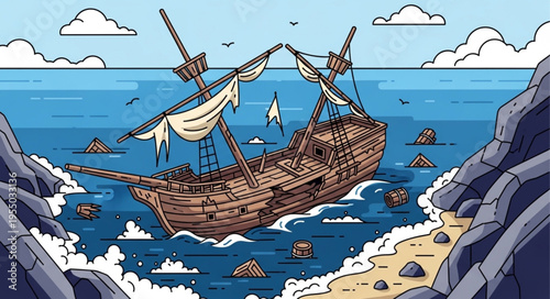 Wrecked Ship on Rocky Shore - A Tale of Maritime Disaster.