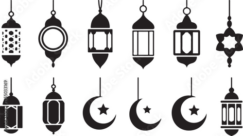 ramadan lantern icon set crescent moon star motif ornamental silhouettes