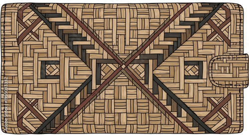 Woven Wallet with Geometric Pattern and Button Closure.