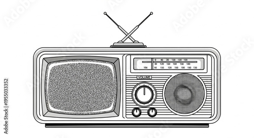 Vintage Television and Radio Combo Device Illustration in Black and White.