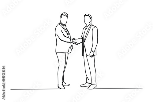 Continuous one line art of young business man handshake his colleague to deal a project. 