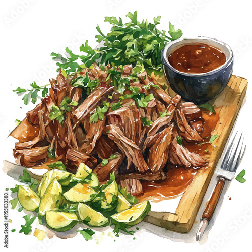 Pulled Pork, illustration watercolor with dynamic strokes and balanced color harmony, isolated on a white background.