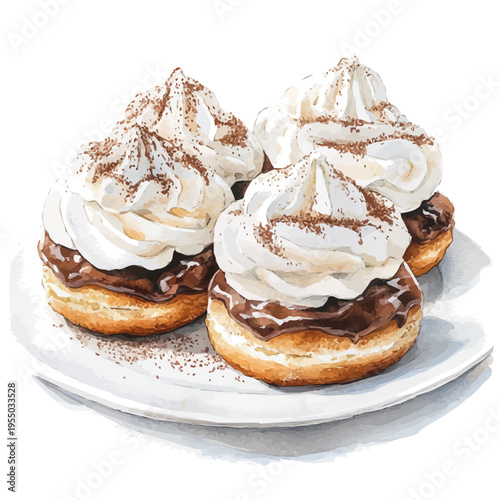 Profiteroles, watercolor with intricate brush textures and gentle highlights, isolated on a white background.
