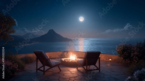 People sit by a campfire on a terrace at night with a view of the sea and mountains under a full moon